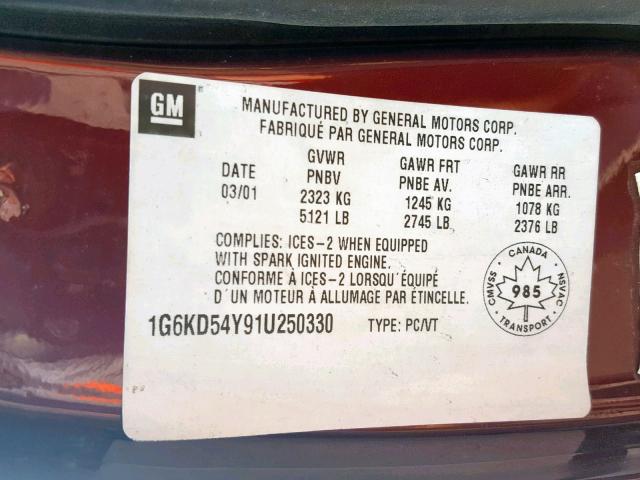 1G6KD54Y91U250330 - 2001 CADILLAC DEVILLE MAROON photo 10