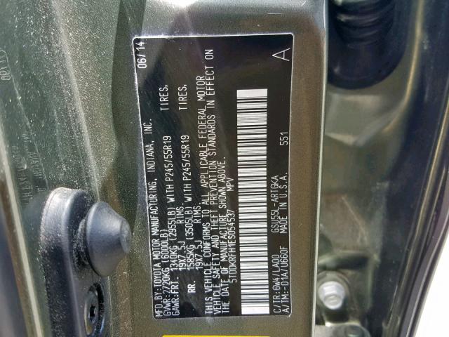 5TDDKRFH1ES054537 - 2014 TOYOTA HIGHLANDER GREEN photo 10