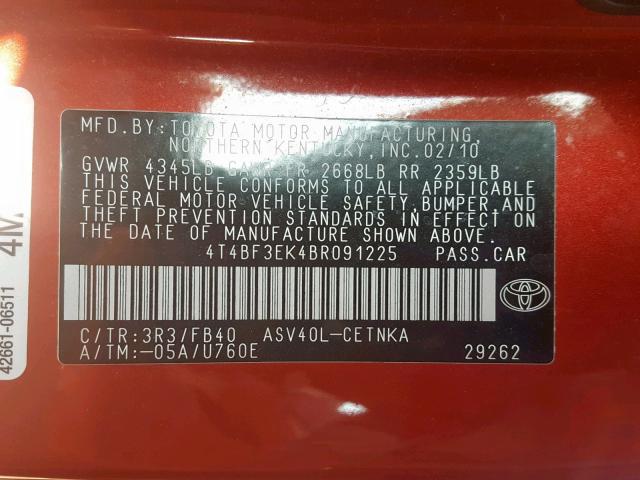 4T4BF3EK4BR091225 - 2011 TOYOTA CAMRY BASE RED photo 10