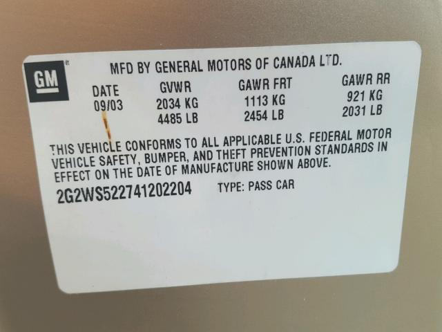 2G2WS522741202204 - 2004 PONTIAC GRAND PRIX GOLD photo 10