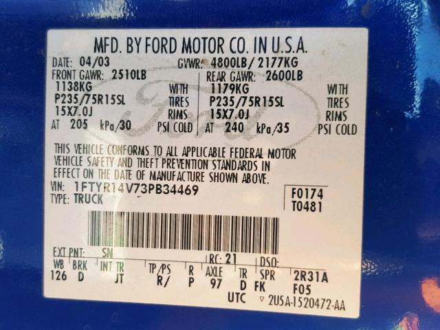 1FTYR14V73PB34469 - 2003 FORD RANGER SUP BLUE photo 10