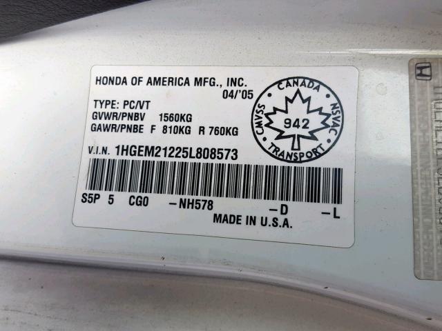 1HGEM21225L808573 - 2005 HONDA CIVIC DX WHITE photo 10