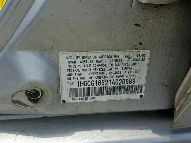 1HGCG16521A020989 - 2001 HONDA ACCORD EX SILVER photo 10