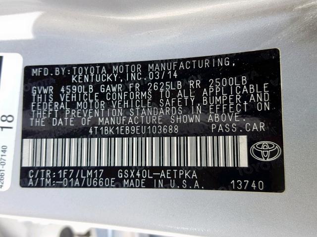 4T1BK1EB9EU103688 - 2014 TOYOTA AVALON BAS SILVER photo 10