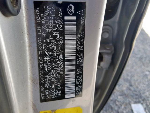 JTHBA30G855112400 - 2005 LEXUS ES 330 SILVER photo 10