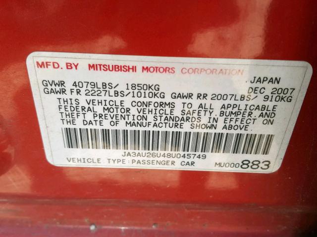 JA3AU26U48U045749 - 2008 MITSUBISHI LANCER ES RED photo 10