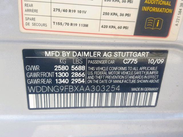 WDDNG9FBXAA303254 - 2010 MERCEDES-BENZ S 400 SILVER photo 10