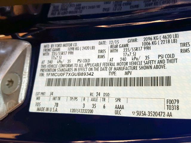 1FMCU0F7XGUB89342 - 2016 FORD ESCAPE S BLUE photo 10