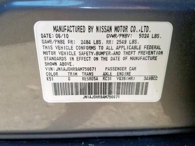JN1AJ0HR9AM756671 - 2010 INFINITI EX35 BASE CHARCOAL photo 10