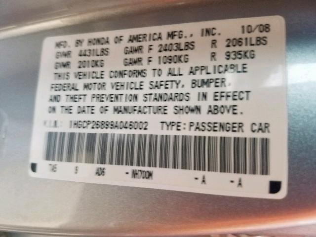 1HGCP26899A046002 - 2009 HONDA ACCORD EXL SILVER photo 10