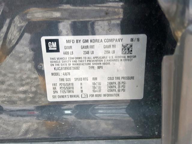 KL4CJESB9GB726082 - 2016 BUICK ENCORE GRAY photo 10