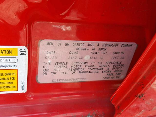 KL1TD56687B073066 - 2007 CHEVROLET AVEO BASE წითელი ფოტო 10