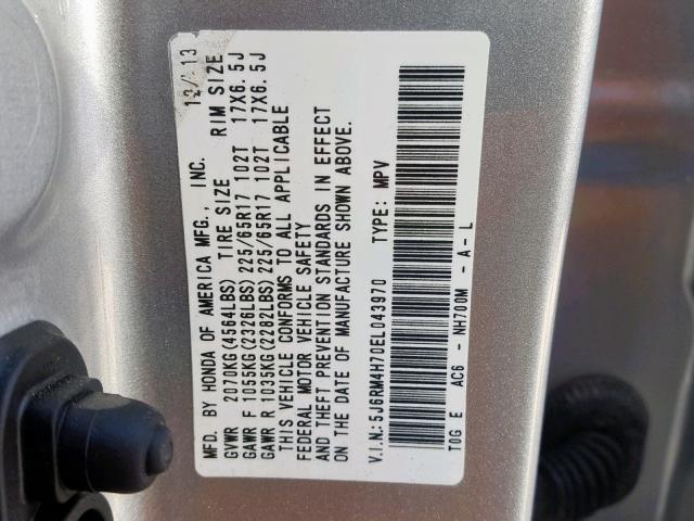 5J6RM4H70EL043970 - 2014 HONDA CR-V EXL SILVER photo 10