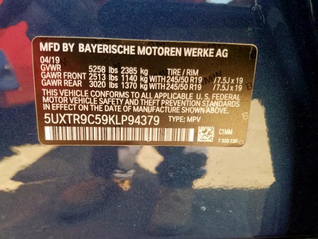 5UXTR9C59KLP94379 - 2019 BMW X3 XDRIVE3 BLUE photo 10