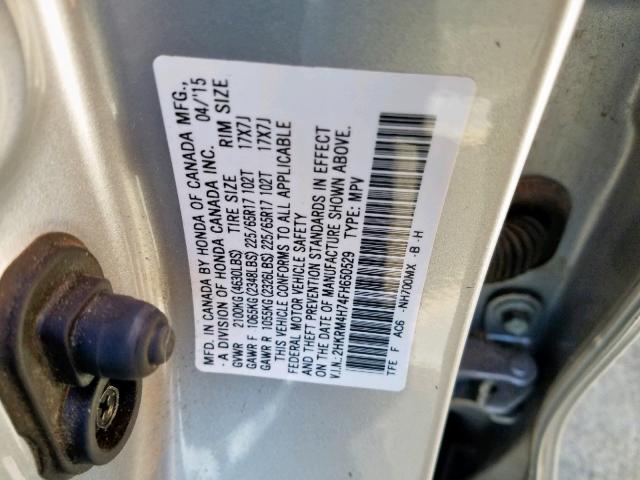 2HKRM4H74FH650529 - 2015 HONDA CR-V EXL SILVER photo 10