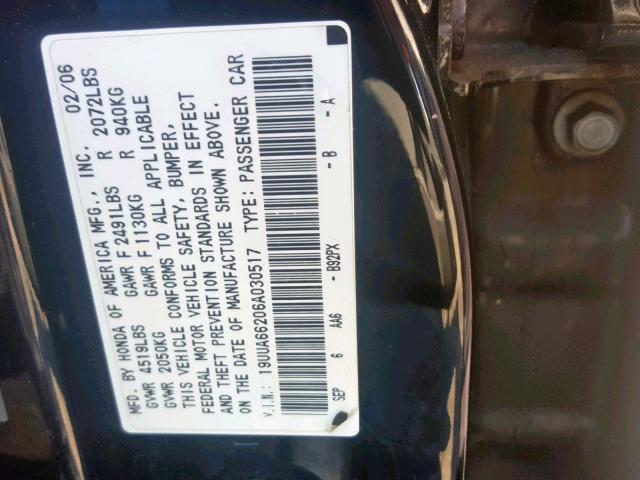 19UUA66206A030517 - 2006 ACURA 3.2TL BLACK photo 10