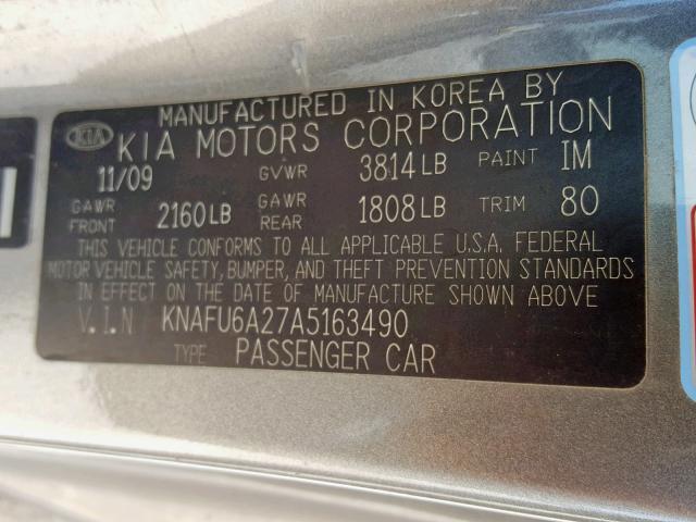 KNAFU6A27A5163490 - 2010 KIA FORTE EX SILVER photo 10