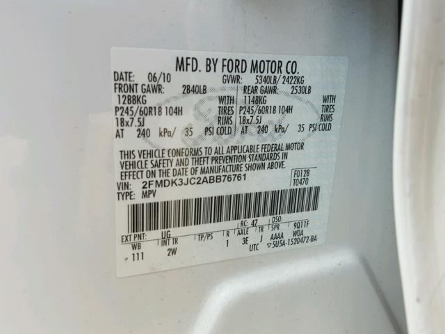 2FMDK3JC2ABB76761 - 2010 FORD EDGE SEL WHITE photo 10