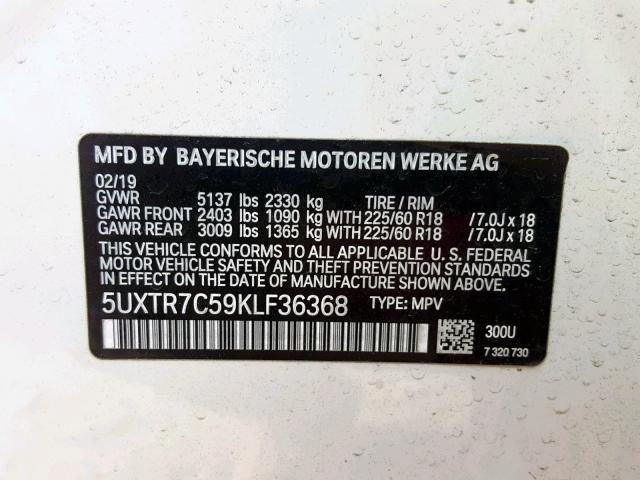 5UXTR7C59KLF36368 - 2019 BMW X3 SDRIVE3 WHITE photo 10