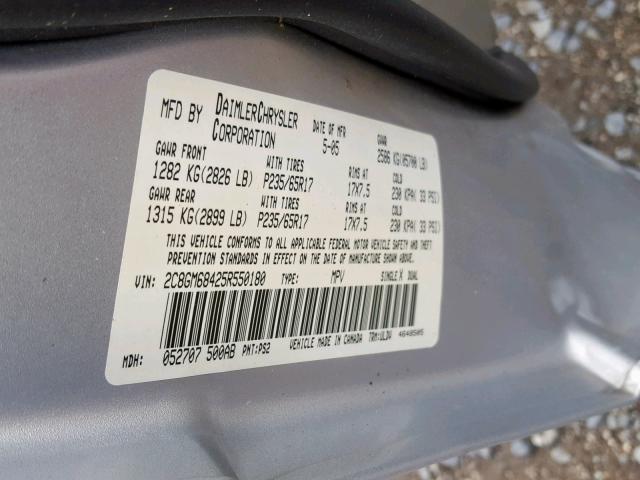 2C8GM68425R550180 - 2005 CHRYSLER PACIFICA T SILVER photo 10
