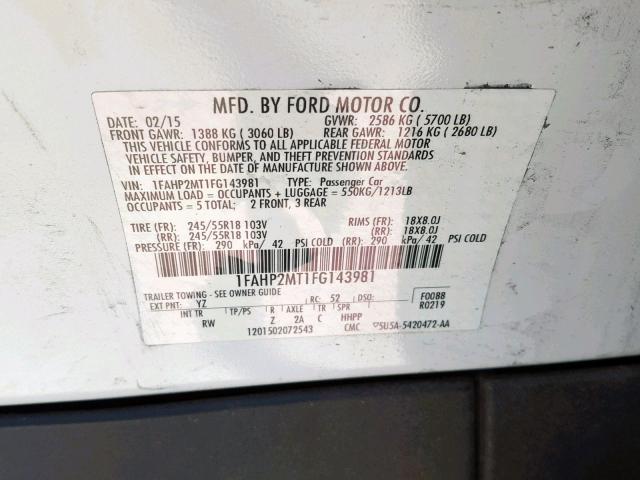 1FAHP2MT1FG143981 - 2015 FORD TAURUS POL GRAY photo 10