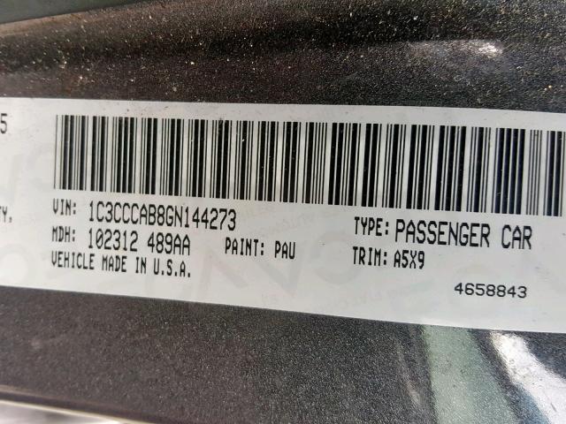 1C3CCCAB8GN144273 - 2016 CHRYSLER 200 LIMITE GRAY photo 10