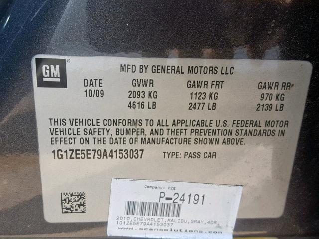 1G1ZE5E79A4153037 - 2010 CHEVROLET MALIBU LTZ 灰色 照片 10