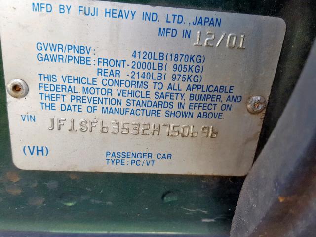 JF1SF63532H750696 - 2002 SUBARU FORESTER L GREEN photo 10