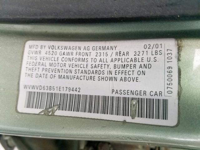 WVWVD63B51E179442 - 2001 VOLKSWAGEN PASSAT GLS GREEN photo 10