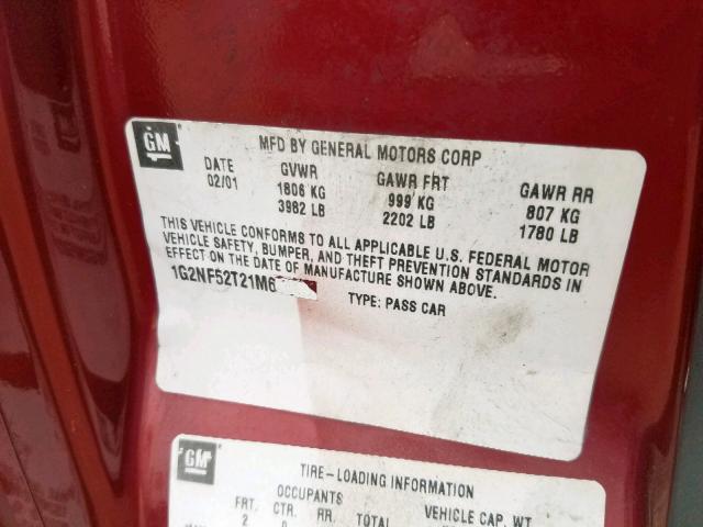 1G2NF52T21M654814 - 2001 PONTIAC GRAND AM S MAROON photo 10