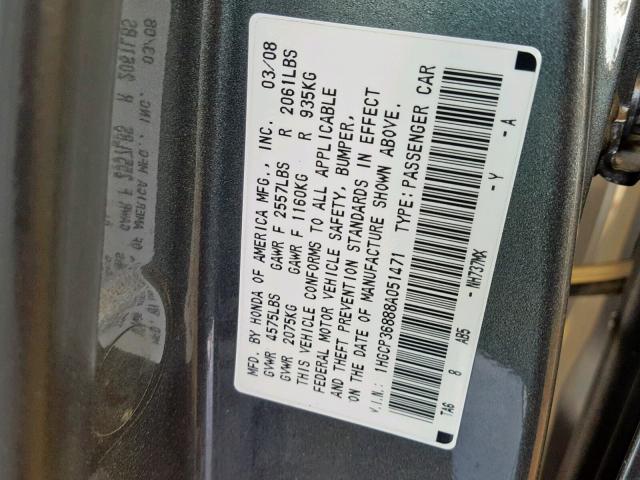 1HGCP36888A051471 - 2008 HONDA ACCORD EXL SILVER photo 10