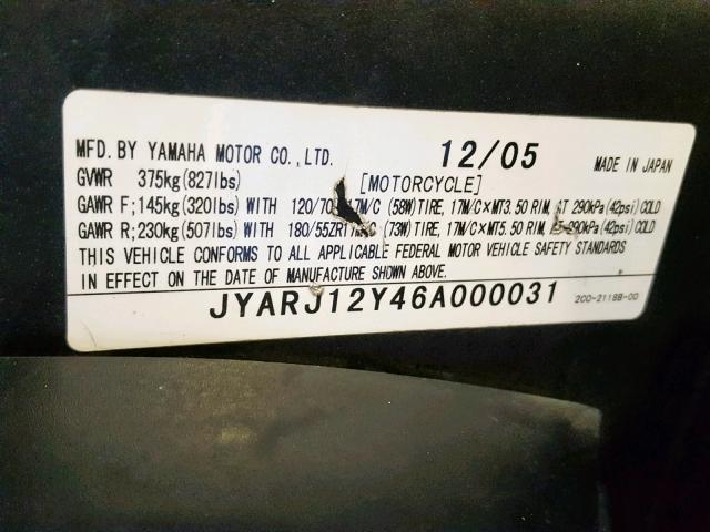 JYARJ12Y46A000031 - 2006 YAMAHA YZFR6 C BLACK photo 10