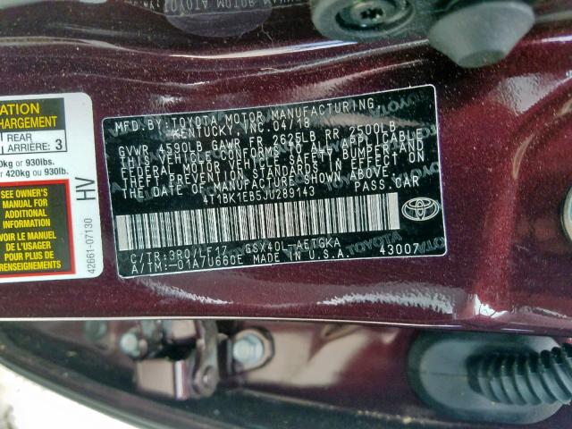 4T1BK1EB5JU289143 - 2018 TOYOTA AVALON XLE BURGUNDY photo 10