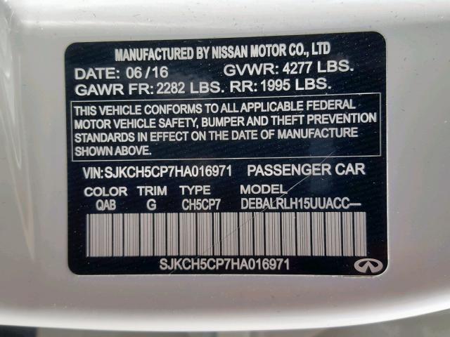 SJKCH5CP7HA016971 - 2017 INFINITI QX30 BASE WHITE photo 10