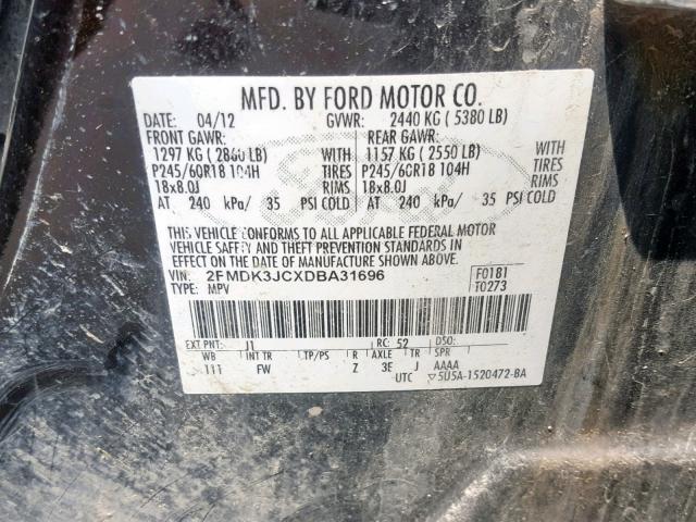 2FMDK3JCXDBA31696 - 2013 FORD EDGE SEL BLACK photo 10