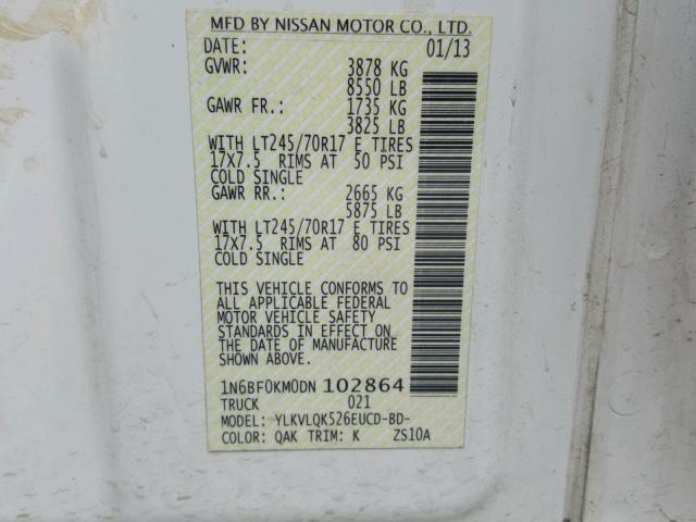 1N6BF0KM0DN102864 - 2013 NISSAN NV 1500 WHITE photo 10