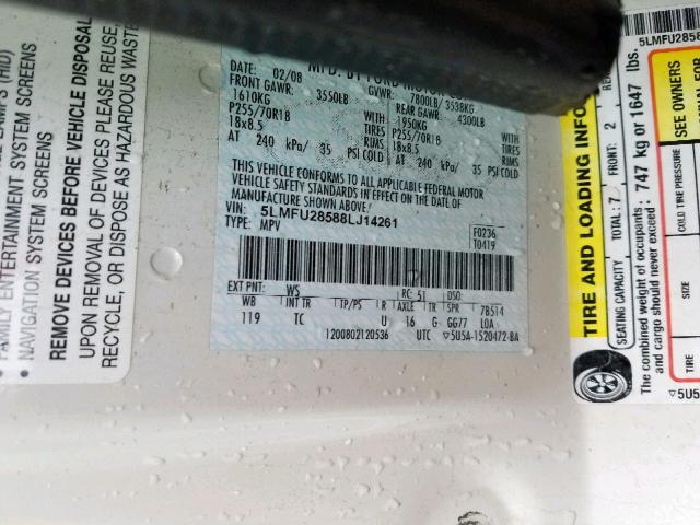 5LMFU28588LJ14261 - 2008 LINCOLN NAVIGATOR WHITE photo 10