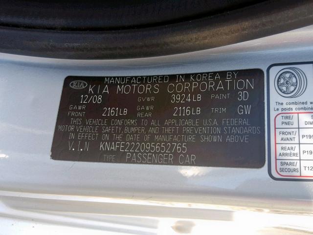 KNAFE222095652765 - 2009 KIA SPECTRA EX SILVER photo 10