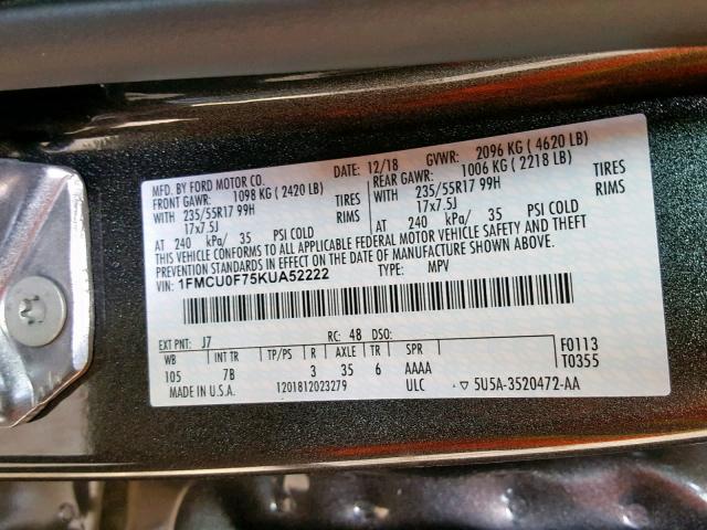 1FMCU0F75KUA52222 - 2019 FORD ESCAPE S GRAY photo 10