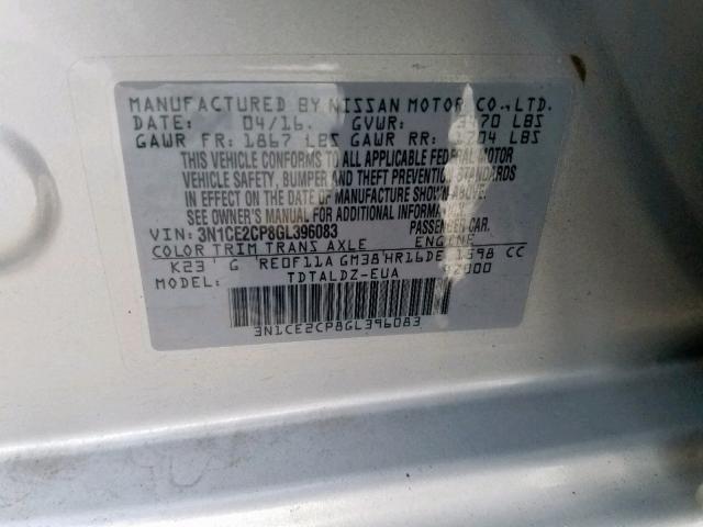 3N1CE2CP8GL396083 - 2016 NISSAN VERSA NOTE SILVER photo 10