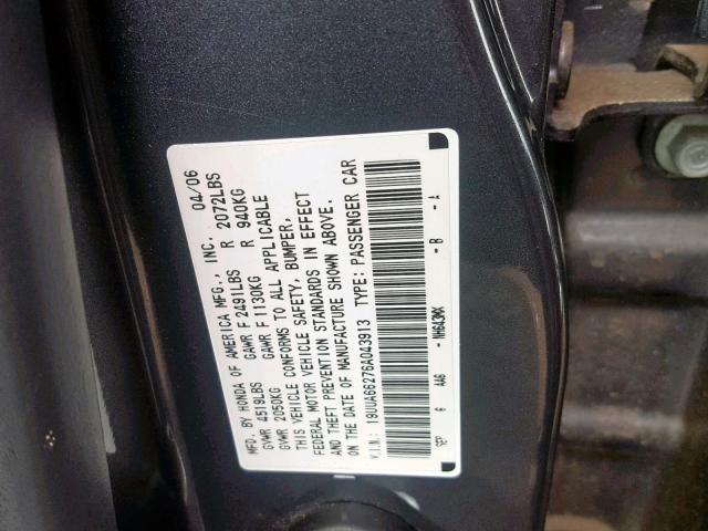 19UUA66276A043913 - 2006 ACURA 3.2TL GRAY photo 10