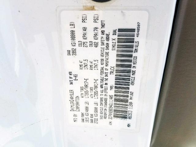 3D7KA28D94G111405 - 2004 DODGE RAM 2500 S თეთრი ფოტო 10