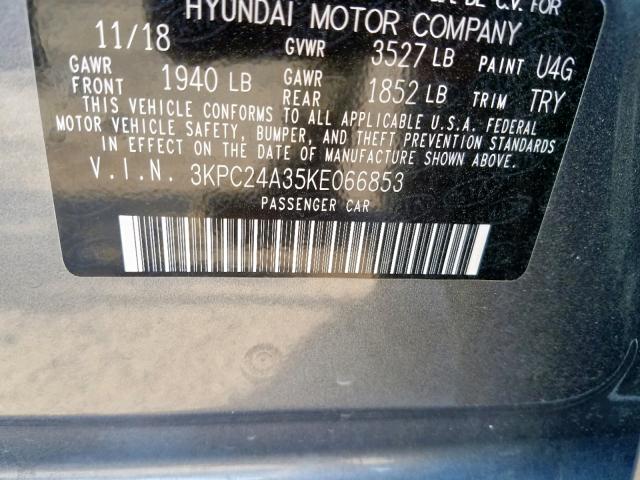 3KPC24A35KE066853 - 2019 HYUNDAI ACCENT SE GRAY photo 10