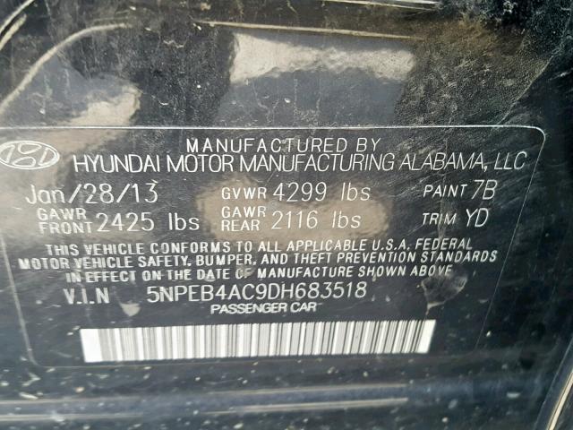 5NPEB4AC9DH683518 - 2013 HYUNDAI SONATA GLS BLACK photo 10