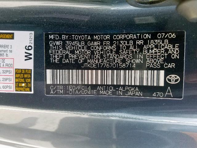 JTKDE177670158714 - 2007 TOYOTA SCION GRAY photo 10