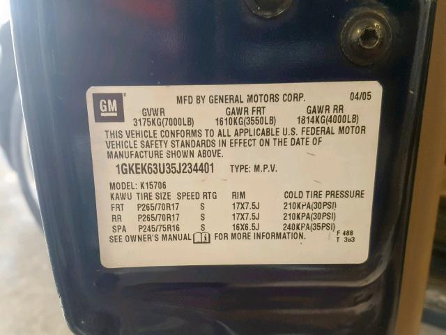 1GKEK63U35J234401 - 2005 GMC YUKON DENA BLUE photo 10