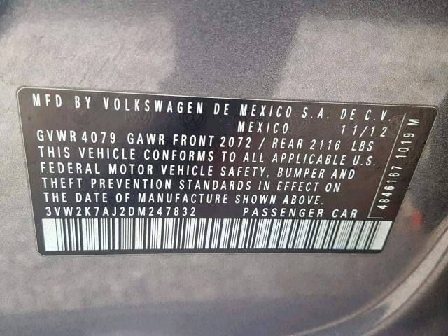 3VW2K7AJ2DM247832 - 2013 VOLKSWAGEN JETTA BASE 灰色 照片 10