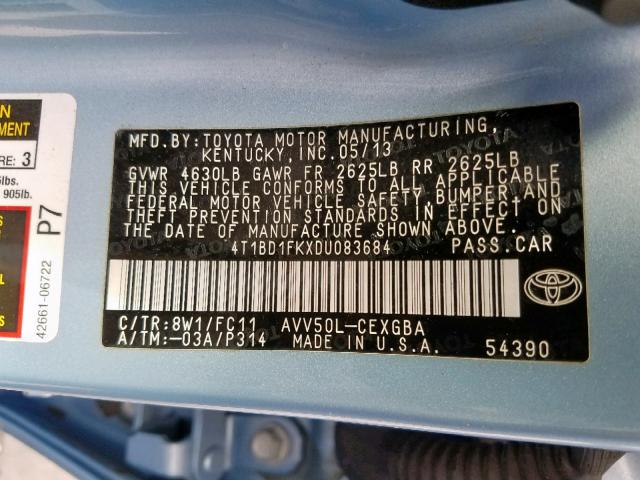 4T1BD1FKXDU083684 - 2013 TOYOTA CAMRY HYBR BLUE photo 10