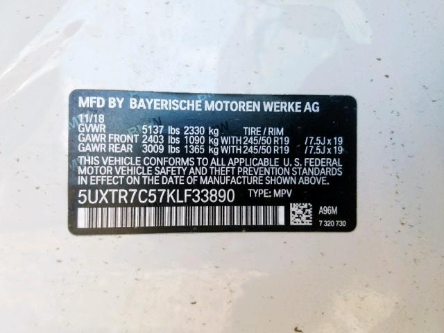 5UXTR7C57KLF33890 - 2019 BMW X3 SDRIVE3 Blanc photo 10