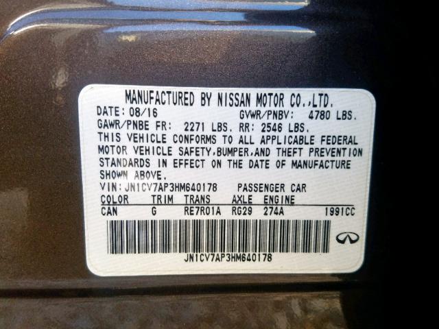 JN1CV7AP3HM640178 - 2017 INFINITI Q50 BASE BROWN photo 10